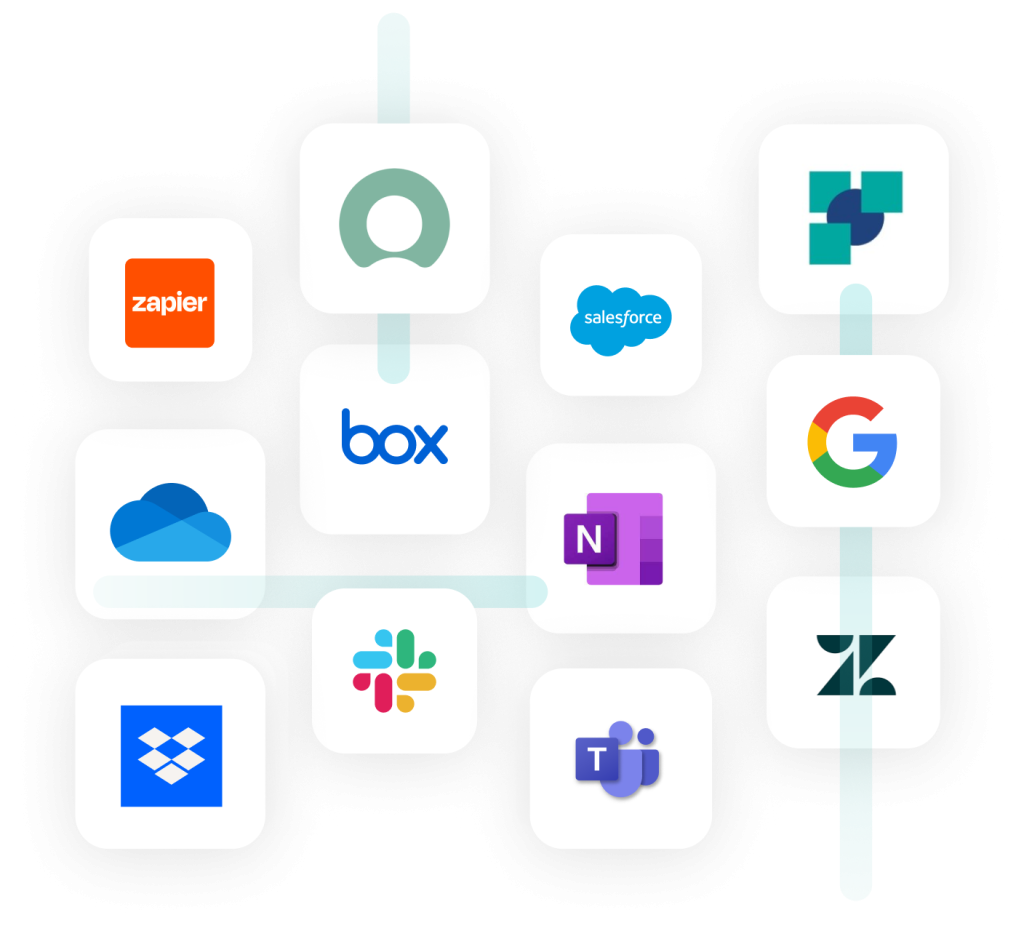 A network of various application icons, such as Zapier, Salesforce, Box, Google, Dropbox, Slack, OneNote, and Teams, connected by lines to illustrate the integration capabilities between different software platforms and tools.