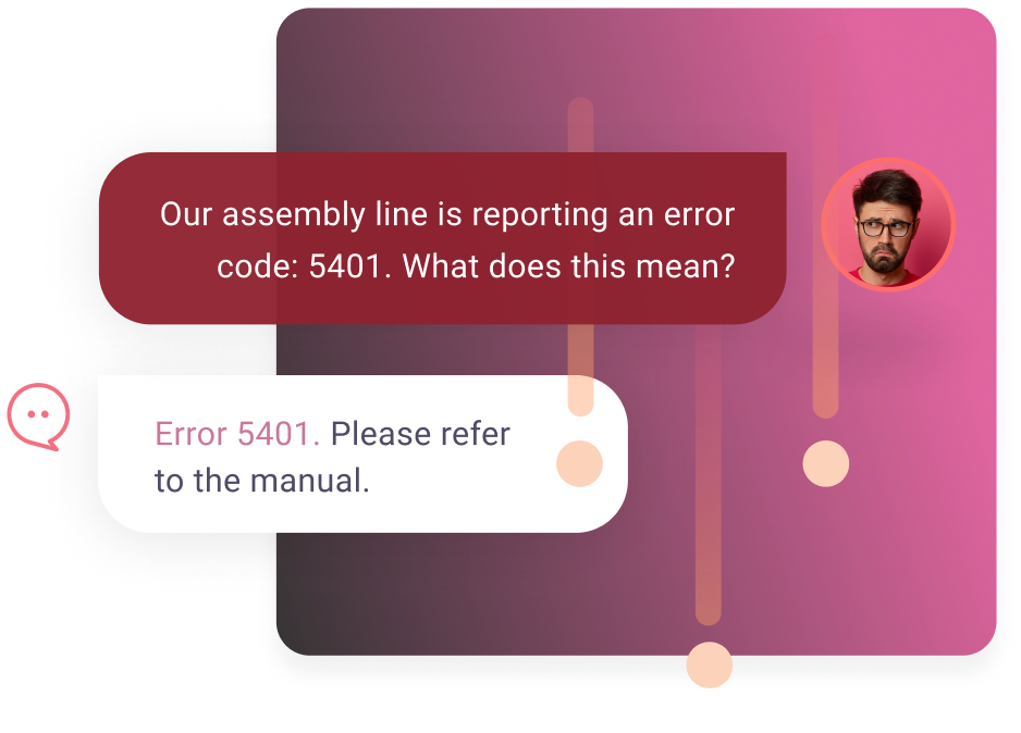 A digital chat interface showing a conversation where a user with a concerned expression asks about an error code "5401" reported by an assembly line, and receives a response directing them to refer to the manual for assistance.