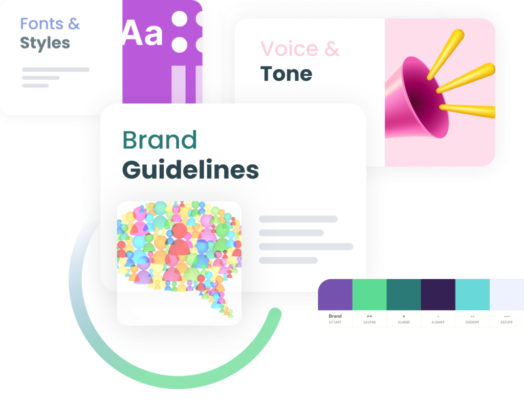 A vibrant graphic showing elements of brand guidelines, including icons for fonts and styles, voice and tone, and a colorful representation of brand personality with a palette of brand colors.