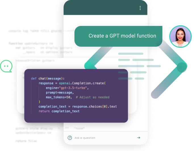 A graphic overlay displays a Python function code snippet for interacting with a GPT model, alongside an avatar of a woman with a speech bubble saying "Create a GPT model function", all suggesting a tutorial or example of programming artificial intelligence.