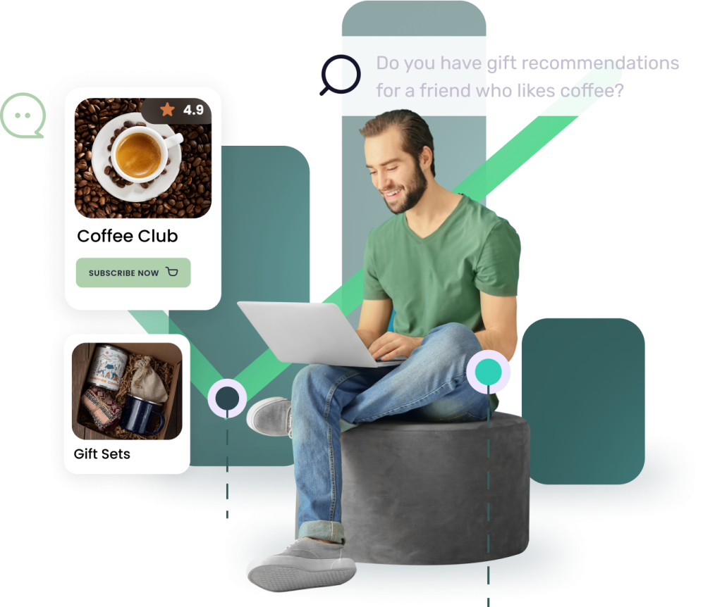A smiling person using a laptop is engaged with a digital interface offering coffee-related gifts. The interface features a highly rated "Coffee Club" subscription service and a selection of "Gift Sets," all within an illustrative design suggesting an online shopping or gift recommendation experience.