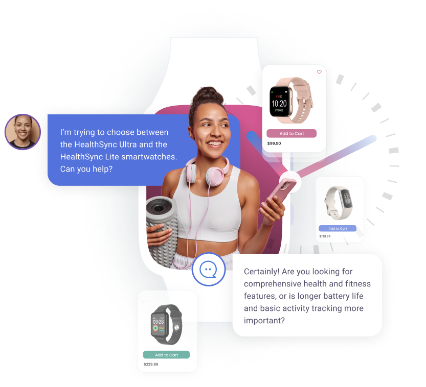 A customer service chat interface depicting a customer considering two smartwatch models, HealthSync Ultra and HealthSync Lite. The customer, shown exercising with headphones, asks for help choosing between them. The chatbot responds, inquiring about the customer's preference for extensive health features or longer battery life with basic tracking. Images of the two smartwatches with their prices are displayed, suggesting an e-commerce setting.