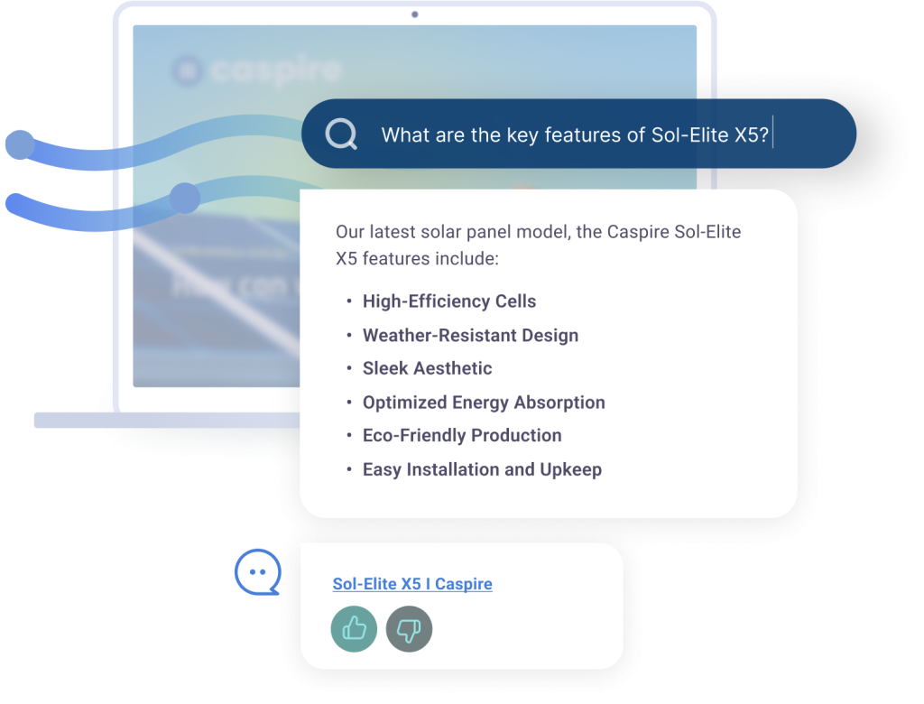A customer service chat interface displaying a search question about the key features of a product called Sol-Elite X5, with a list of features presented in a chat bubble, including high-efficiency cells and eco-friendly production.