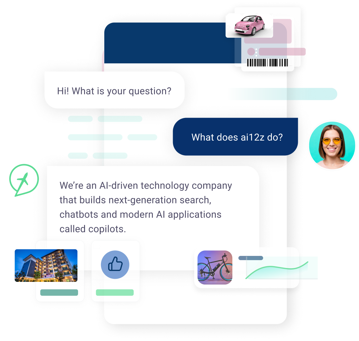 The image showcases a graphical chat interface with a question from a user asking "What does ai12z do?" and a response from the chatbot stating that ai12z is an AI-driven technology company that builds next-generation search, chatbots, and modern AI applications called copilots. The chat interface is adorned with colorful icons and images representing cars, buildings, and bicycles, illustrating the diverse applications of ai12z's technology.